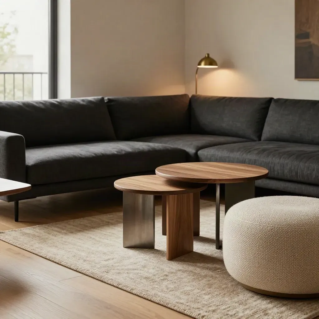 Compact condo living room with slim sectional, nesting tables, ottoman, and clear diagonal flow.