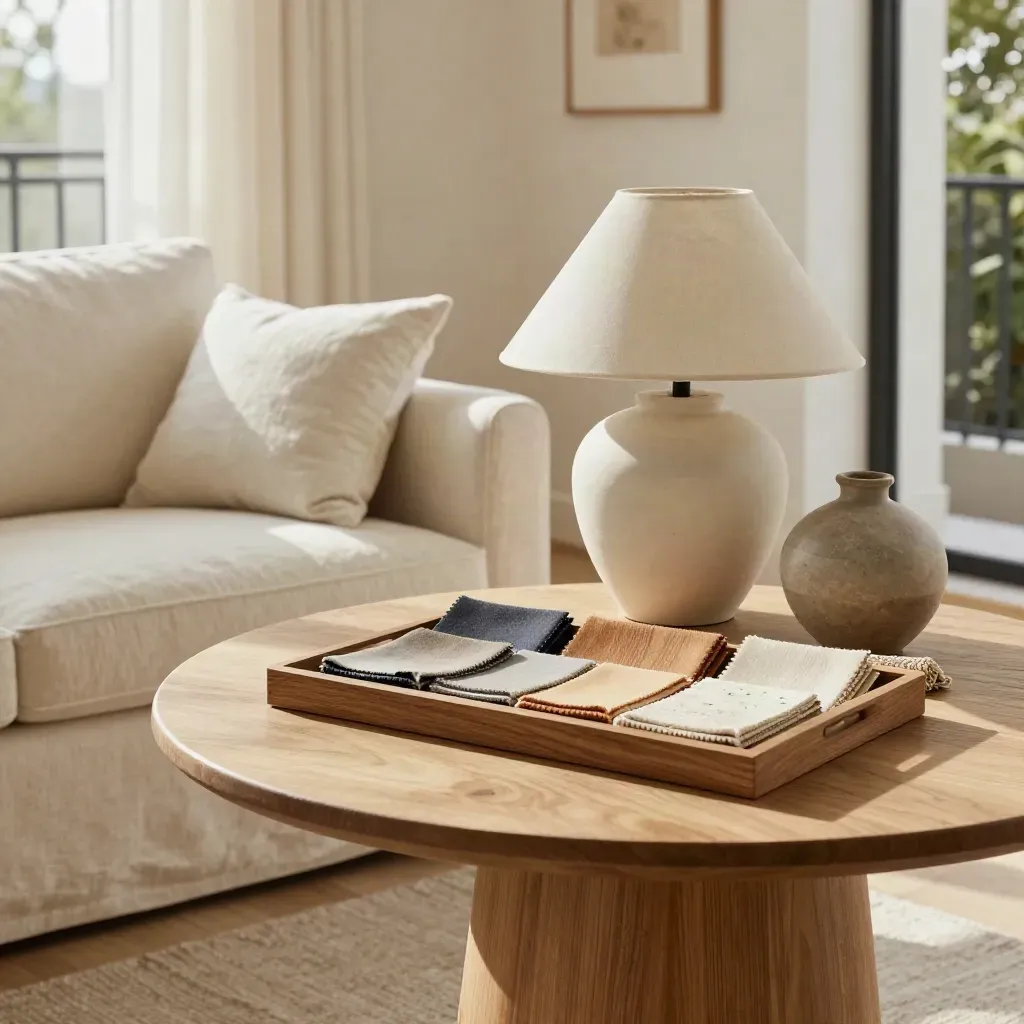Bright condo vignette with sofa, oak table, lamp, and design sample tray