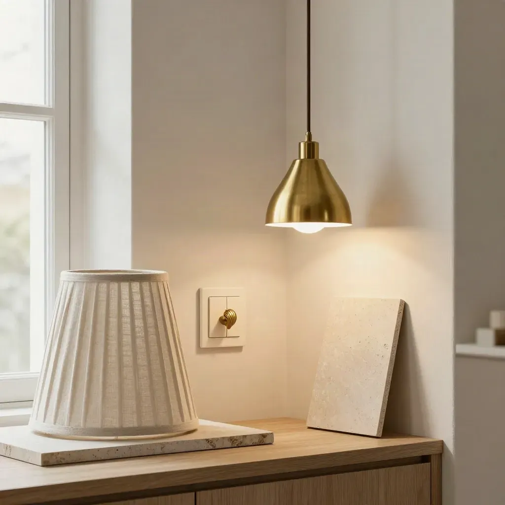 Brass pendant, switch plate, cabinet pull and stone sample on a plaster plinth beside a linen shade