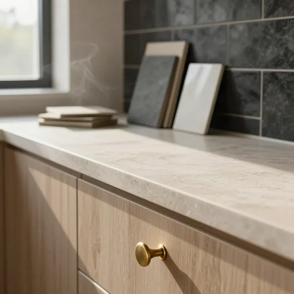 Macro kitchen remodel materials: stone counter, oak cabinets, brass pulls, and tile samples by a window.