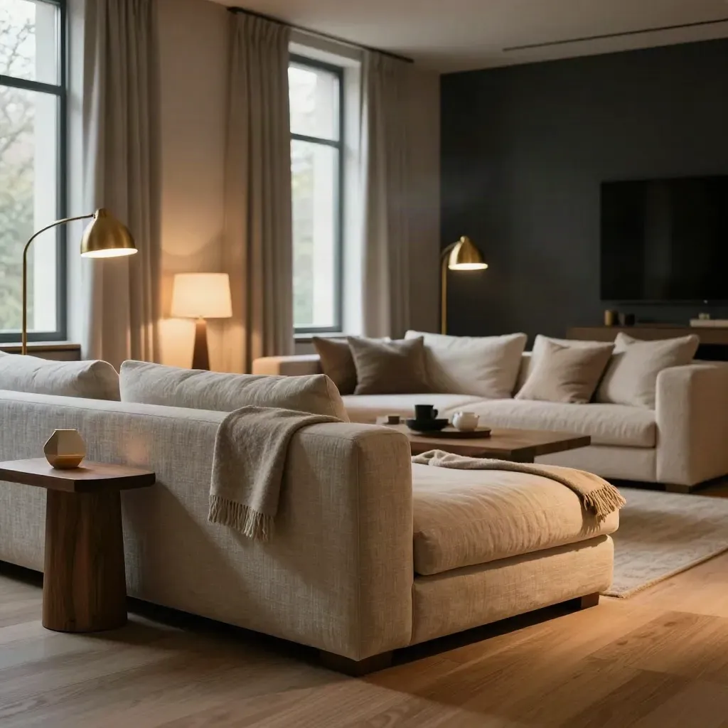 Moody modern living room with brass lamp, glowing table lamps, layered seating and curtains.