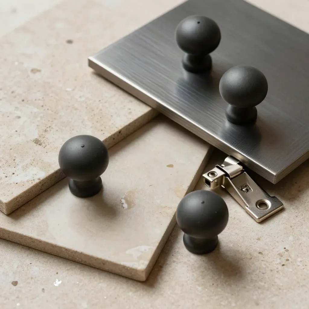 Cabinet knobs, hinge hardware, tile offcuts and a brushed-metal sample on pale stone