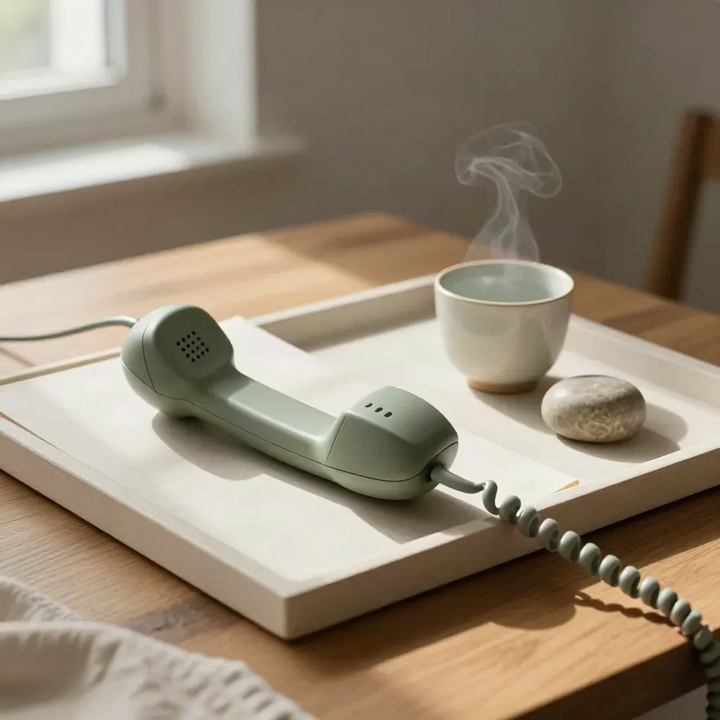 Top-down still life of a cordless handset, notebook, cup and stone paperweight on a plaster tray.