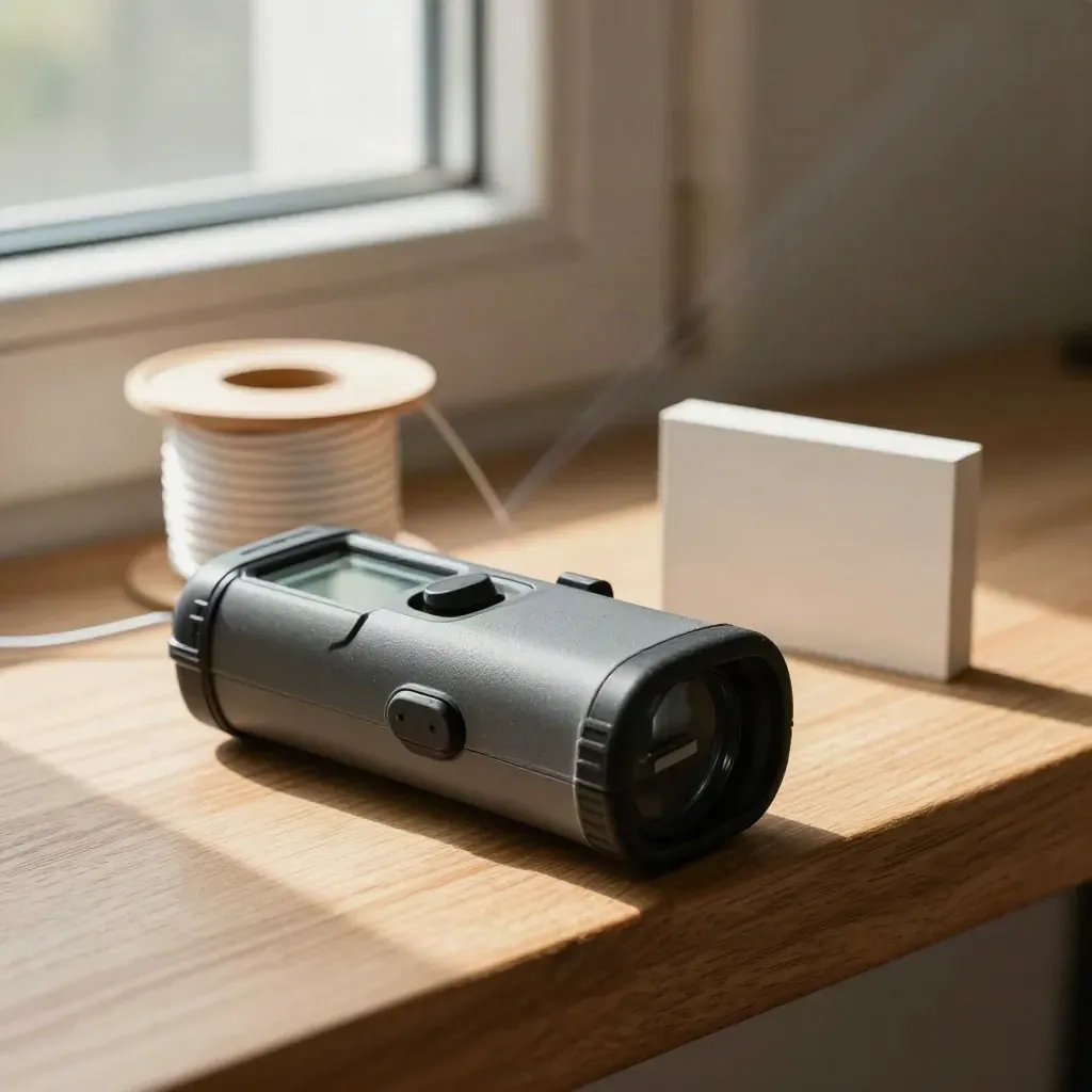Laser measurer, chalk spool and sample block on an oak shelf in soft daylight.
