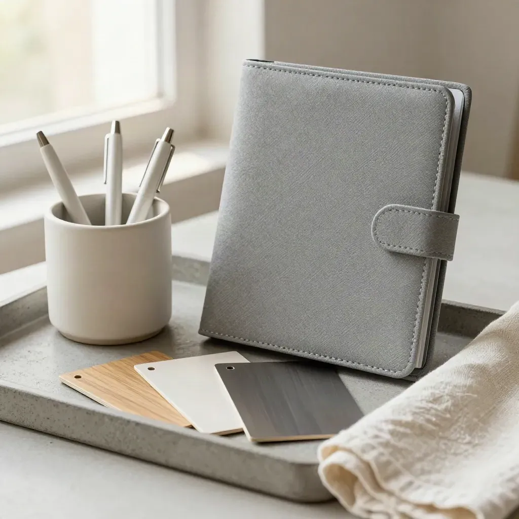 Portfolio, sample cards and pen cup on stone slab in soft natural light