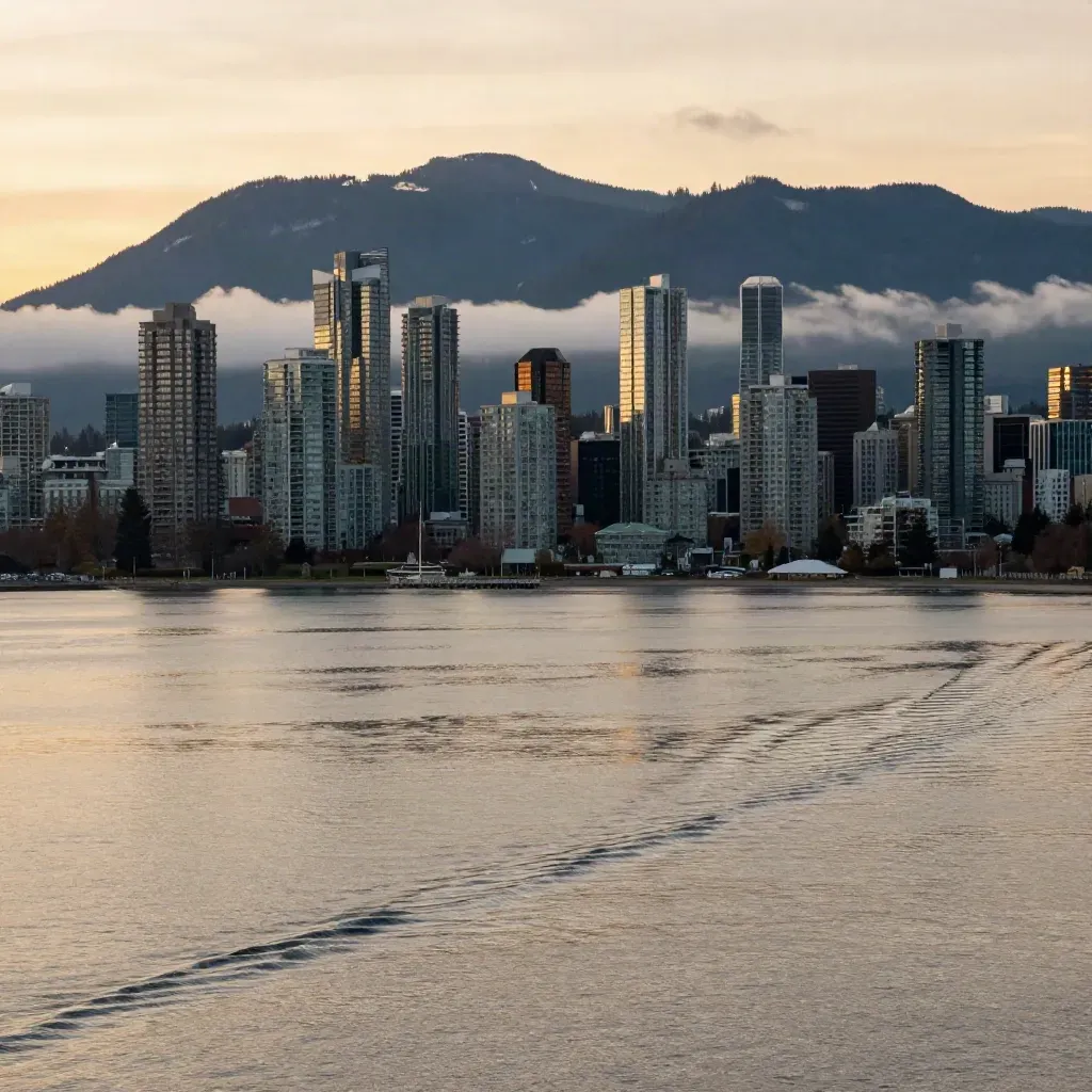 Metro Vancouver skyline and North Shore mountains in blue-hour mist over calm inlet water.